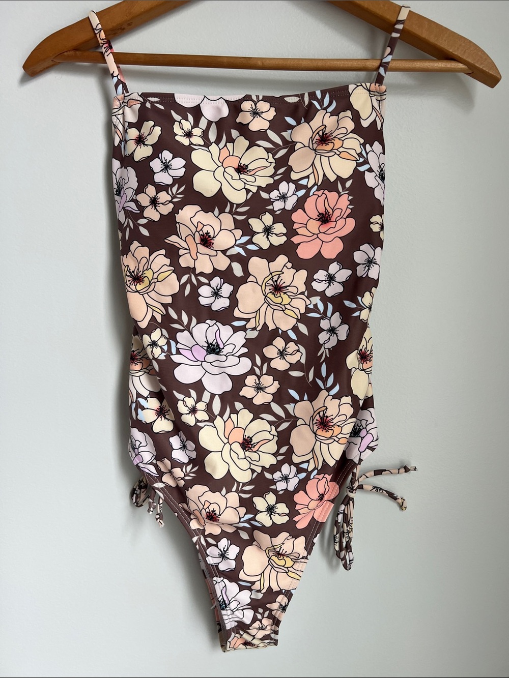 SHEIN | Brown One-Piece Swimsuit with Pastel Floral Accents Pool Beach Size S